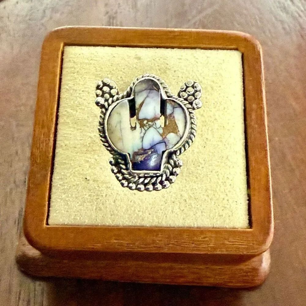 Western Purple Dahlia Turquoise Cactus Boho Statement Ring Sterling Silver Sz 6
